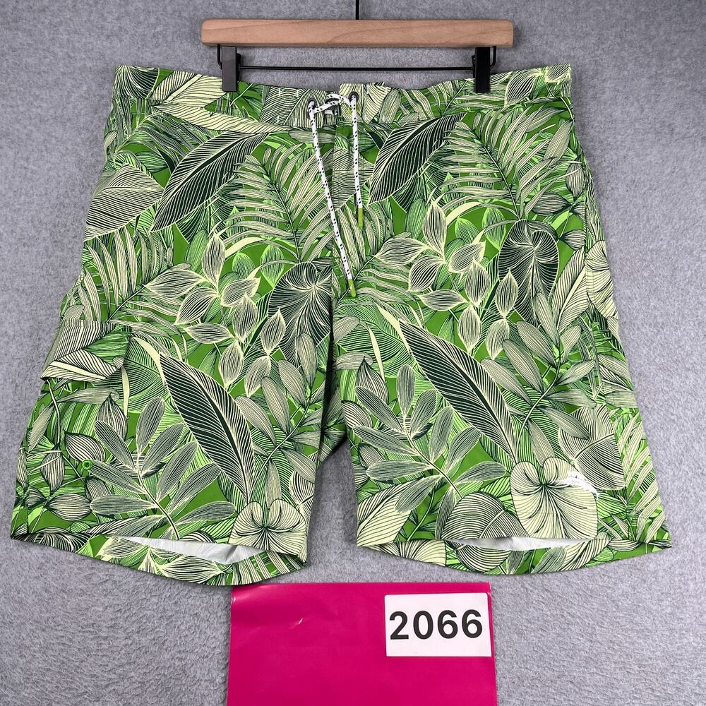 Tommy Bahama Tropical Print Swim Shorts Green Ivory Lined Pockets Casual Men 2XL